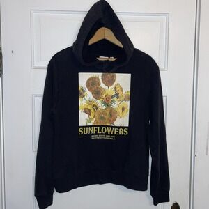 Black Hooded Long Sleeve Sweatshirt | Night Cozy Impressionism Sunflowers Medium